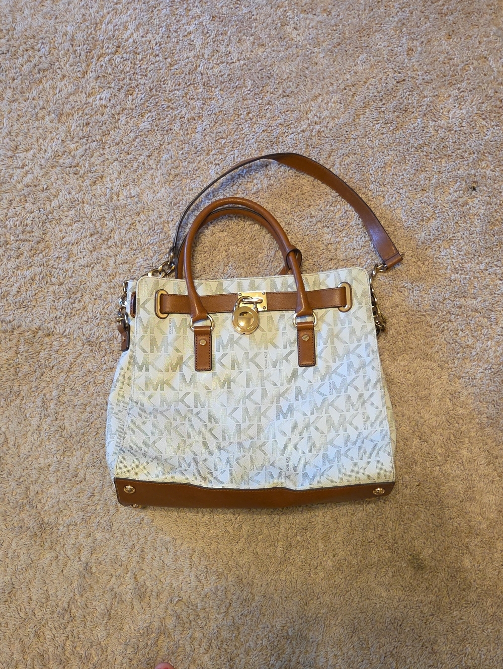 Michael Kors Cream & Brown MK Signature Satchel with Gold Hardware